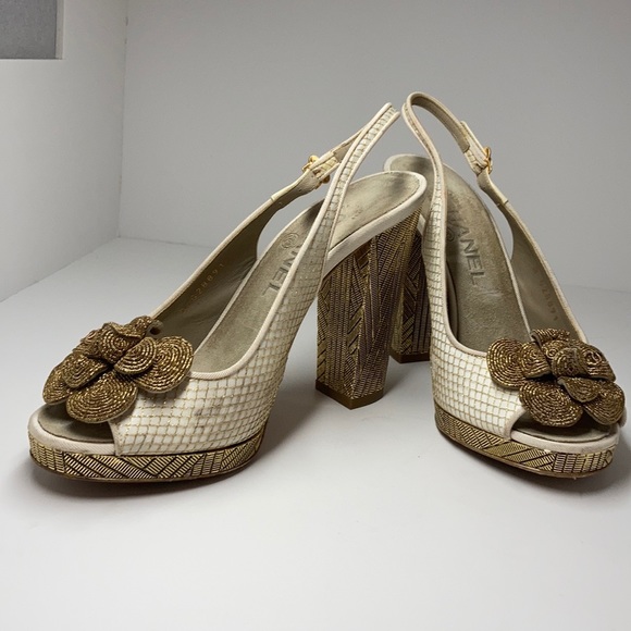 CHANEL Shoes - Chanel Ecru Cream Gold Platform Camellia Heels